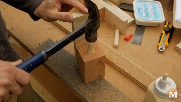 Glue dowels into block and sides - man about tools cast form mold concrete garden boxes