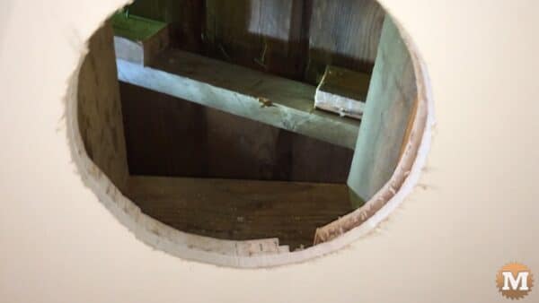 Hole in ceiling cut out, blocking between rafters added. The rafter section that was removed can be seen better in this picture Hole in ceiling cut out, blocking between rafters added. The rafter section that was removed can be seen better in this picture
