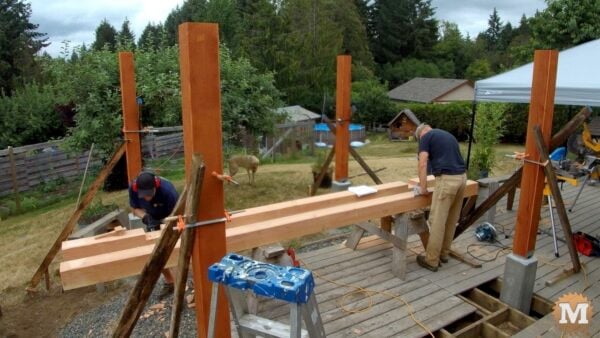 Pergola - Cutting grooves in first beams Three Gable Pavilion - Cutting grooves in first beams.