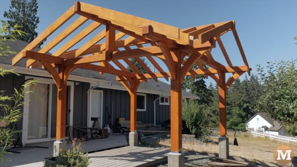 main structure of the Three Gable Timber Frame style Pavilion before roofing added