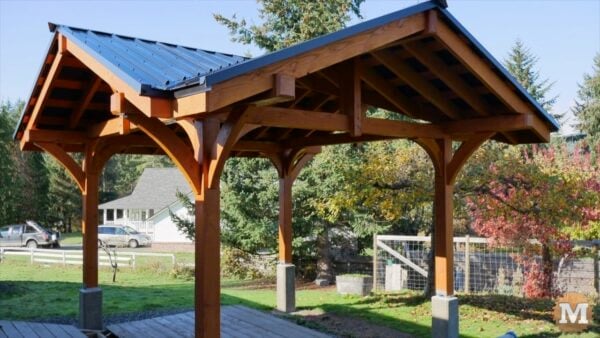 Three Gable Timber Frame Pavilion with black metal roof and trim Three Gable Timber Frame Pavilion with black metal roof and trim