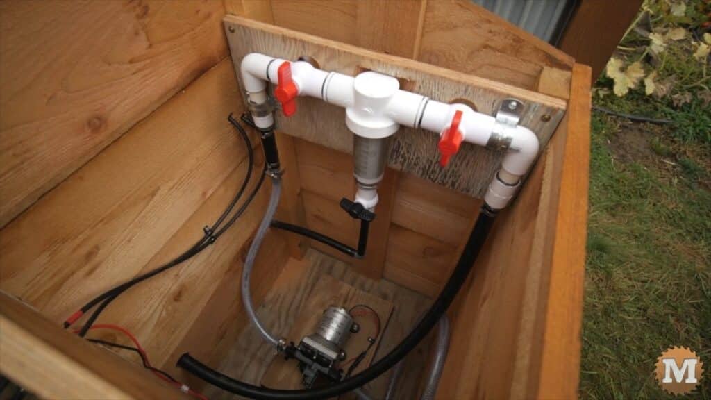 sediment filter and ball valves for off-grid rainwater drip irrigation garden system