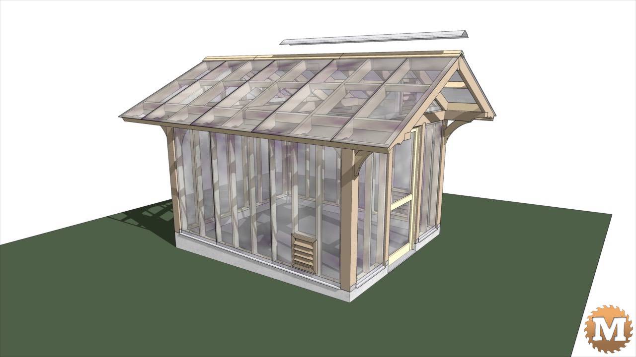 Sketchup Model of Post and Beam Greenhouse detailing ridge cap