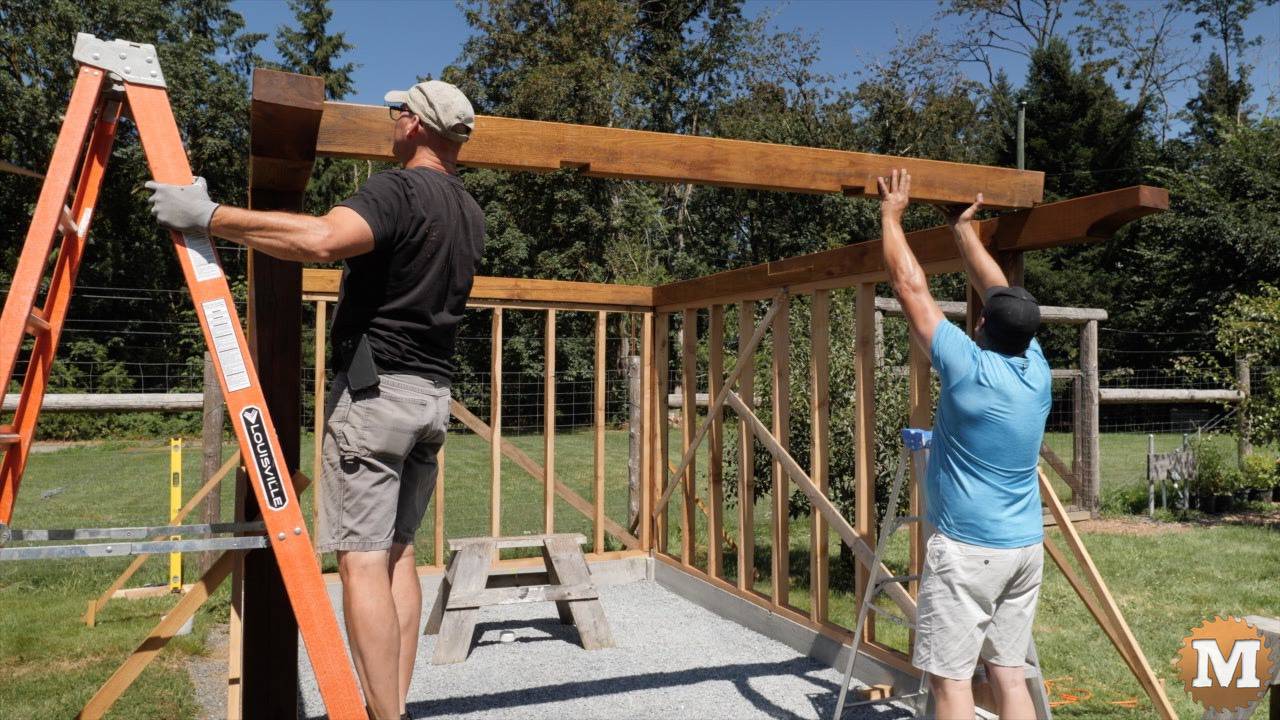 Post and beam greenhouse cross tie drops into place