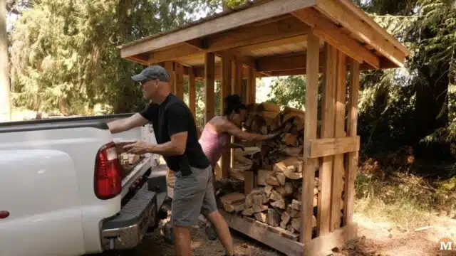 loading the dried firewood into a pickup bed