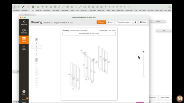 Screen captures from the Sketchup Plugin called OpenCutList for automatically generating a Cut List
