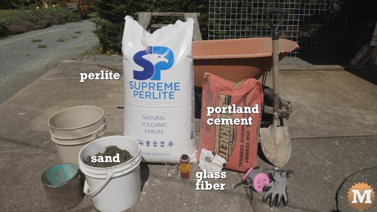 Lightweight perlite concrete ingredients and tools