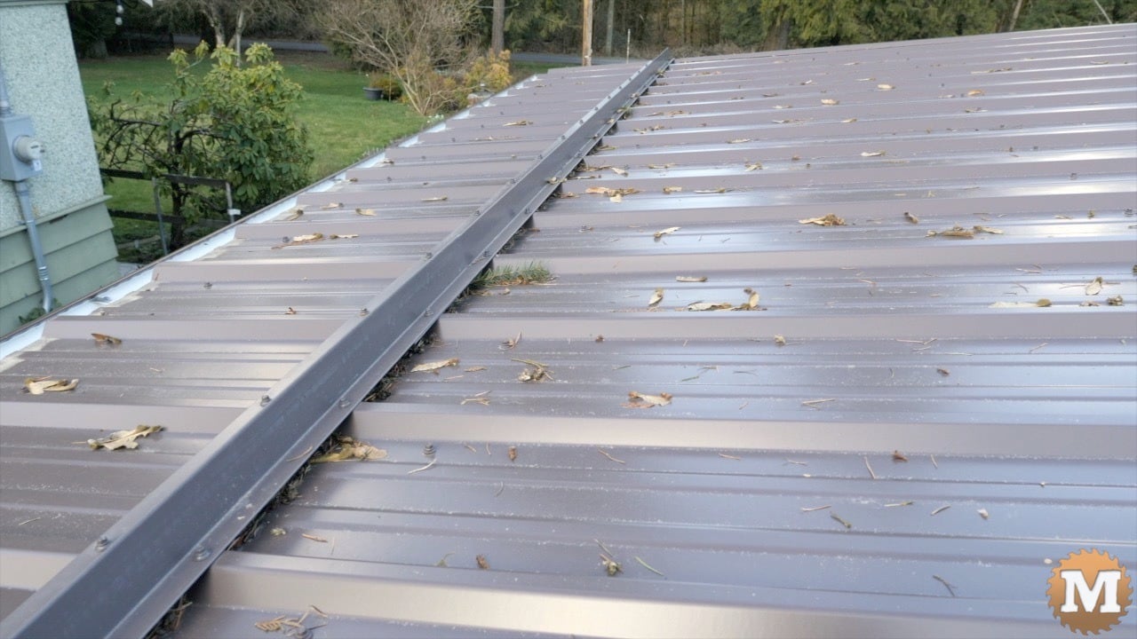 a metal roof with leaves on it