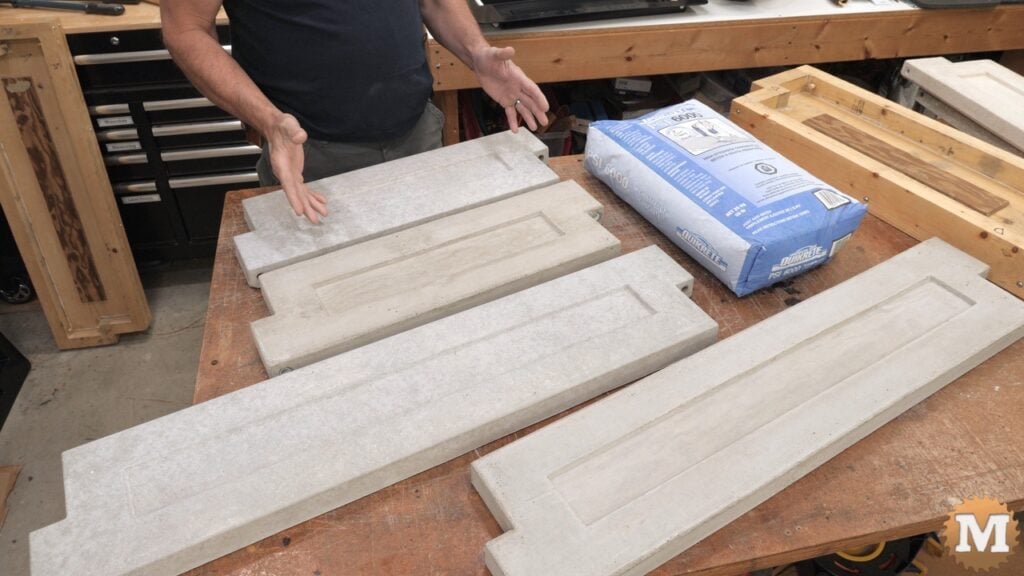 Cast concrete panels on a workbench